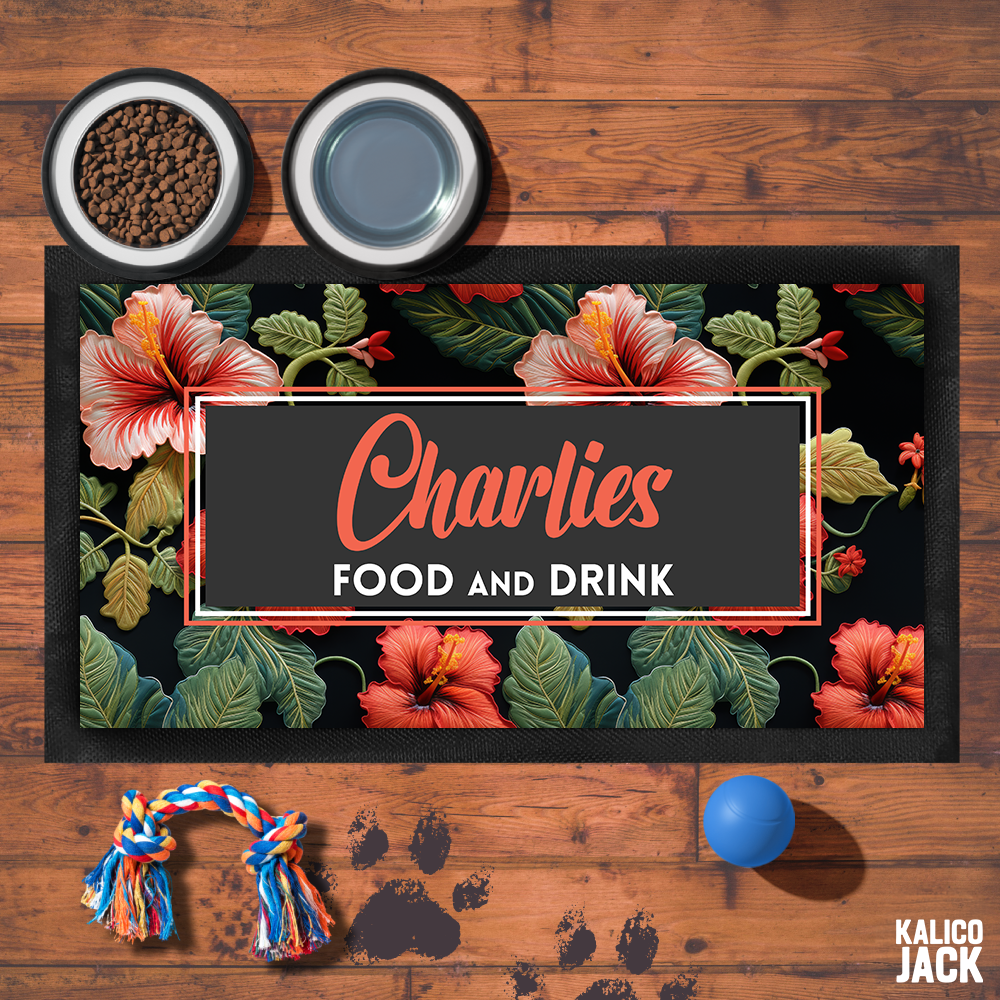 Personalised Hibiscus Floral Pet Feeding Mat