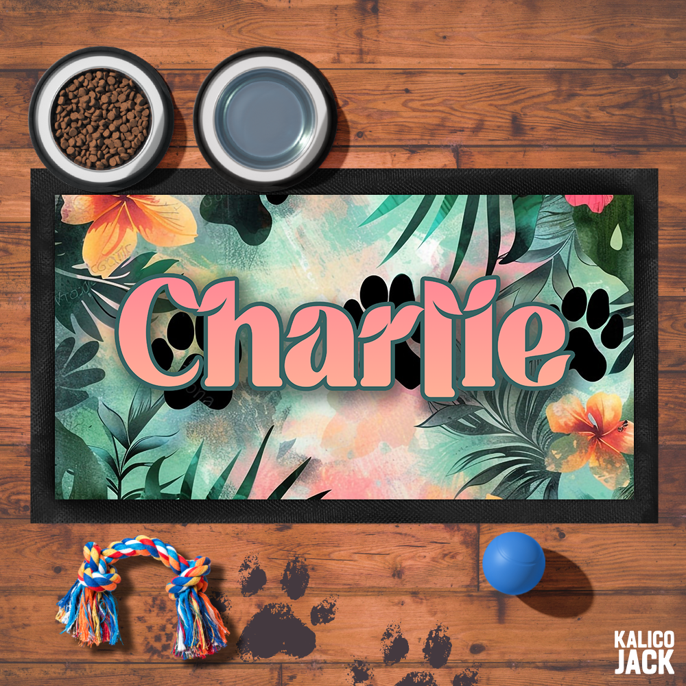 Personalised Tropical Paw Pet Feeding Mat