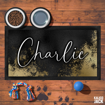 Personalised Black and Gold Pet Feeding Mat