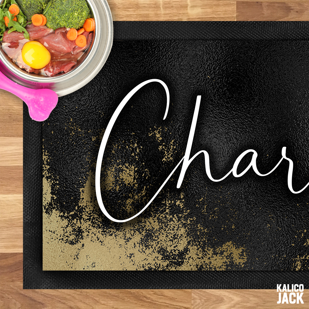 Personalised Black and Gold Pet Feeding Mat